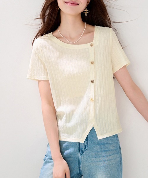 ONEP STAR（ワンピスター）の「アシンメトリーボタンデザイン半袖ブラウス（シャツ/ブラウス・レディース・ベージュ・X-LARGE/LARGE/MEDIUM）」の6枚目の写真