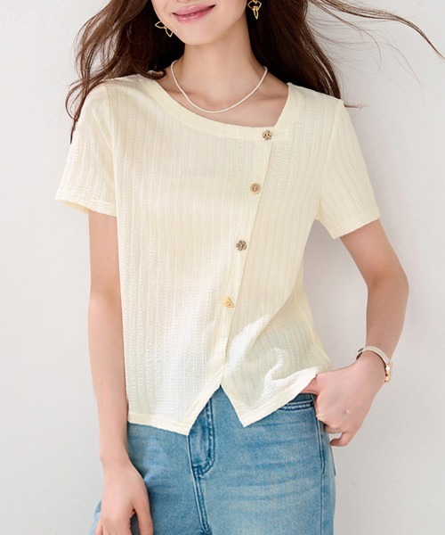 ONEP STAR（ワンピスター）の「アシンメトリーボタンデザイン半袖ブラウス（シャツ/ブラウス・レディース・ベージュ・X-LARGE/LARGE/MEDIUM）」の7枚目の写真