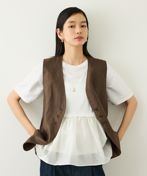 ROPE'(ロペ)の「カットオーガンジー ドッキングペプラムカットソー/接触冷感・汗染み防止加工・吸水速乾・イージーケア(Tシャツ/カットソー・レディース・ホワイト/ブラック・FREE)」の6枚目の写真