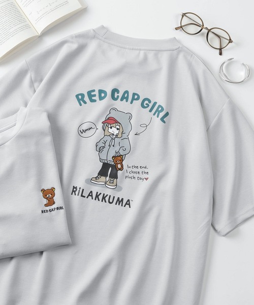Red Cap Girl（レッドキャプガール）の「【70】【RCG】×【リラックマ】ワンポイント刺繍 シルクタッチ クルーネックTシャツ/接触冷感/ストレッチ/ユニセックス/レディース/メンズ/ショート丈有り（Tシャツ/カットソー・レディース・ブラック/ブラック系/ホワイト系/ブルー系/ブルー/ピンク/グレー/ホワイト/ピンク系/グレー系・M/FREE/L）」の6枚目の写真