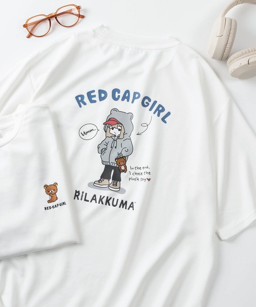 Red Cap Girl（レッドキャプガール）の「【70】【RCG】×【リラックマ】ワンポイント刺繍 シルクタッチ クルーネックTシャツ/接触冷感/ストレッチ/ユニセックス/レディース/メンズ/ショート丈有り（Tシャツ/カットソー・レディース・ブラック/ブラック系/ホワイト系/ブルー系/ブルー/ピンク/グレー/ホワイト/ピンク系/グレー系・M/FREE/L）」の2枚目の写真