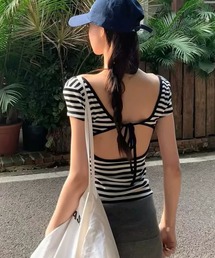 meJane | バックオープンリボン ボーダーTシャツ(Tシャツ/カットソー)