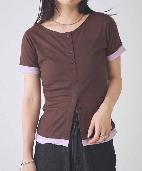 Kastane(カスタネ)の「【一部店舗限定】B バイカラーヘンリーTOPS(Tシャツ/カットソー・レディース・サックスブルー/ブラウン/アイボリー・FREE)」の1枚目の写真