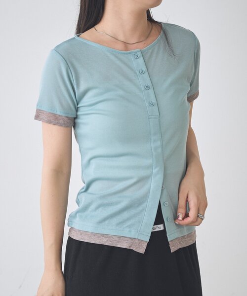 Kastane(カスタネ)の「【一部店舗限定】B バイカラーヘンリーTOPS(Tシャツ/カットソー・レディース・サックスブルー/ブラウン/アイボリー・FREE)」の3枚目の写真