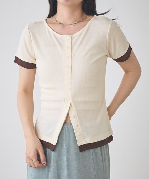 Kastane(カスタネ)の「【一部店舗限定】B バイカラーヘンリーTOPS(Tシャツ/カットソー・レディース・サックスブルー/ブラウン/アイボリー・FREE)」の4枚目の写真