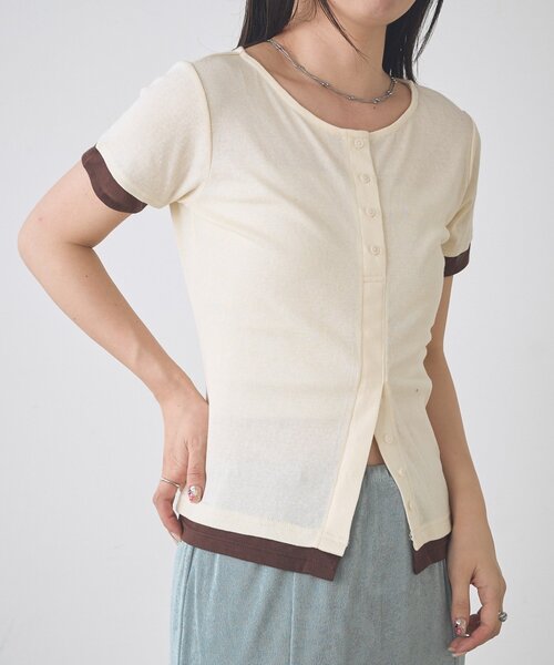 Kastane(カスタネ)の「【一部店舗限定】B バイカラーヘンリーTOPS(Tシャツ/カットソー・レディース・サックスブルー/ブラウン/アイボリー・FREE)」の5枚目の写真
