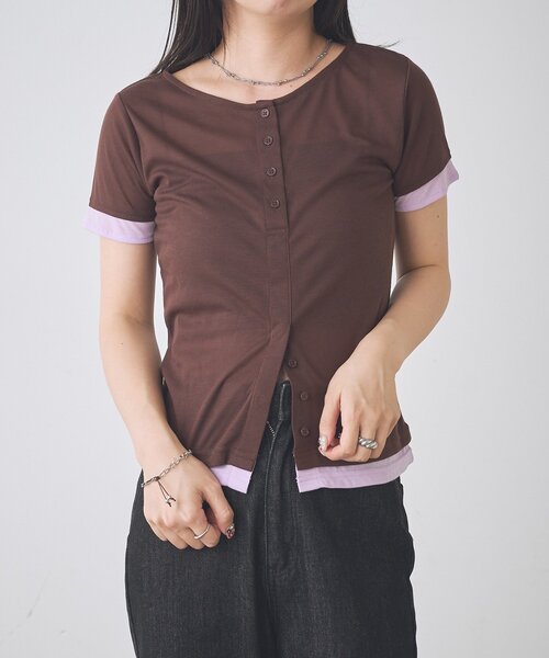 Kastane(カスタネ)の「【一部店舗限定】B バイカラーヘンリーTOPS(Tシャツ/カットソー・レディース・サックスブルー/ブラウン/アイボリー・FREE)」の7枚目の写真