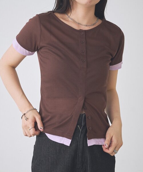 Kastane(カスタネ)の「【一部店舗限定】B バイカラーヘンリーTOPS(Tシャツ/カットソー・レディース・サックスブルー/ブラウン/アイボリー・FREE)」の8枚目の写真
