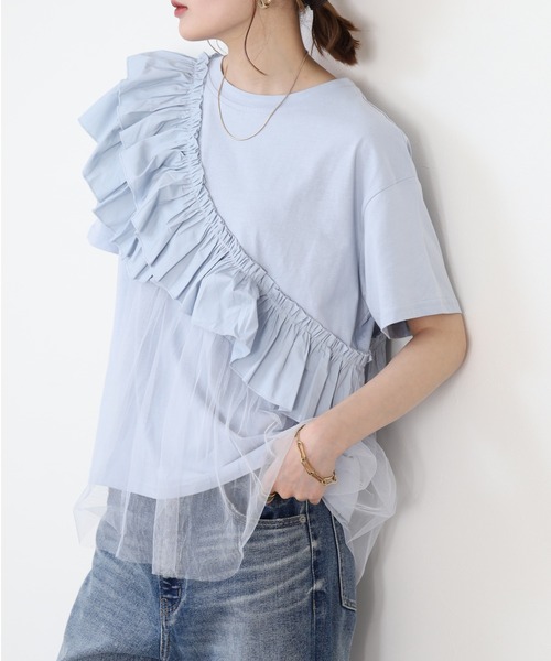 FUNALIVE(ファンアライブ)の「je crois soi アシンメトリー フリルカットソー 半袖(Tシャツ/カットソー・レディース・ブラック/サックスブルー/オフホワイト・FREE)」の3枚目の写真
