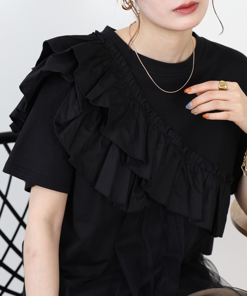FUNALIVE(ファンアライブ)の「je crois soi アシンメトリー フリルカットソー 半袖(Tシャツ/カットソー・レディース・ブラック/サックスブルー/オフホワイト・FREE)」の12枚目の写真