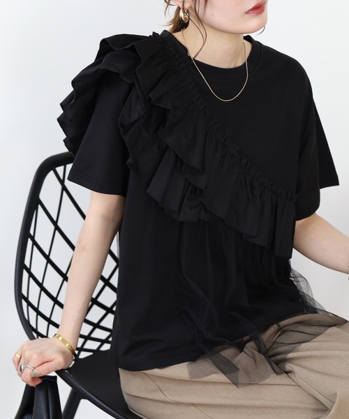 FUNALIVE(ファンアライブ)の「je crois soi アシンメトリー フリルカットソー 半袖(Tシャツ/カットソー・レディース・ブラック/サックスブルー/オフホワイト・FREE)」の13枚目の写真