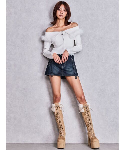 GYDA(ジェイダ)の「ハイウエストフリンジデザインスカートライクデニムショートパンツ(デニムスカート・レディース・ダークネイビー/インディゴブルー・MEDIUM/SMALL)」の12枚目の写真