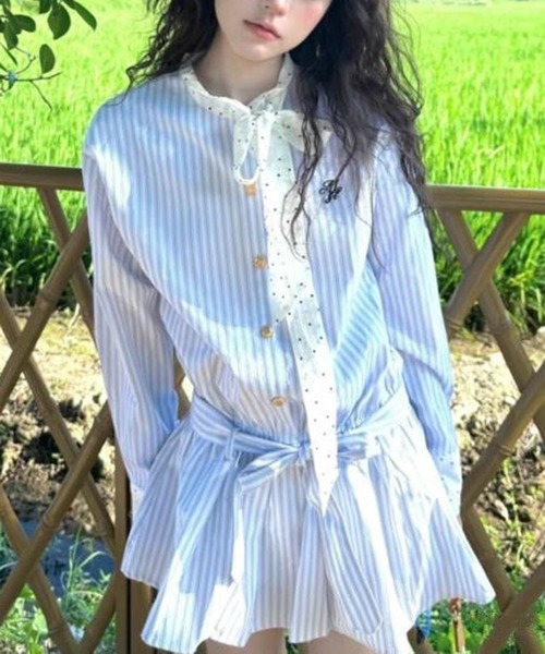 AsheKsha(アシクシャ)の「ボーダーリボンベルトシャツワンピース(ワンピース・レディース・ブルー・M)」の3枚目の写真