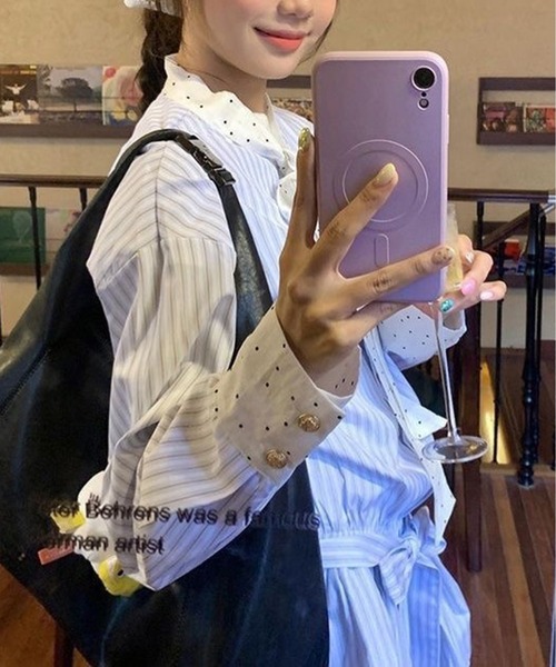 AsheKsha(アシクシャ)の「ボーダーリボンベルトシャツワンピース(ワンピース・レディース・ブルー・M)」の6枚目の写真