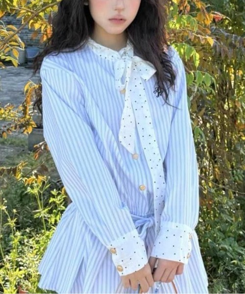 AsheKsha(アシクシャ)の「ボーダーリボンベルトシャツワンピース(ワンピース・レディース・ブルー・M)」の10枚目の写真