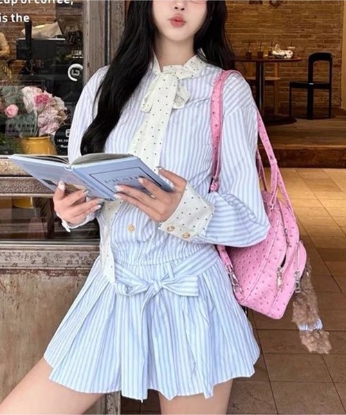 AsheKsha(アシクシャ)の「ボーダーリボンベルトシャツワンピース(ワンピース・レディース・ブルー・M)」の11枚目の写真