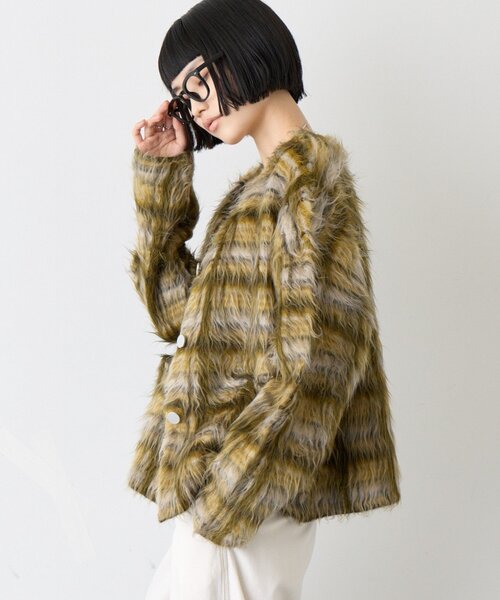CIAOPANIC TYPY(チャオパニックティピー)の「∴銀ボタンチェックシャギーニットジャケット(ノーカラージャケット・レディース・ブラック/アイボリー/ピンク/オリーブ・ONE SIZE)」の19枚目の写真