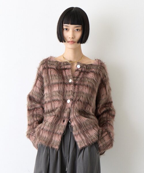 CIAOPANIC TYPY(チャオパニックティピー)の「∴銀ボタンチェックシャギーニットジャケット(ノーカラージャケット・レディース・ブラック/アイボリー/ピンク/オリーブ・ONE SIZE)」の13枚目の写真