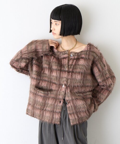 CIAOPANIC TYPY(チャオパニックティピー)の「∴銀ボタンチェックシャギーニットジャケット(ノーカラージャケット・レディース・ブラック/アイボリー/ピンク/オリーブ・ONE SIZE)」の14枚目の写真