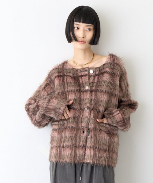 CIAOPANIC TYPY(チャオパニックティピー)の「∴銀ボタンチェックシャギーニットジャケット(ノーカラージャケット・レディース・ブラック/アイボリー/ピンク/オリーブ・ONE SIZE)」の18枚目の写真
