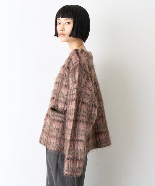 CIAOPANIC TYPY(チャオパニックティピー)の「∴銀ボタンチェックシャギーニットジャケット(ノーカラージャケット・レディース・ブラック/アイボリー/ピンク/オリーブ・ONE SIZE)」の7枚目の写真