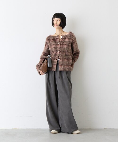 CIAOPANIC TYPY(チャオパニックティピー)の「∴銀ボタンチェックシャギーニットジャケット(ノーカラージャケット・レディース・ブラック/アイボリー/ピンク/オリーブ・ONE SIZE)」の9枚目の写真