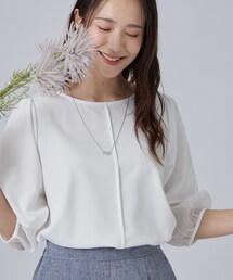 【洗濯機可/S-LL】 大人のシアー感 お袖切り替えラウンドネックトップス