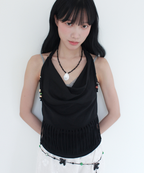 RUBATI（ルバティ）の「アニタ・ロー フリンジ カウルホルターネック ノースリーブ ビーズトップ_ブラック（Tシャツ/カットソー・レディース・その他・1/2）」の2枚目の写真