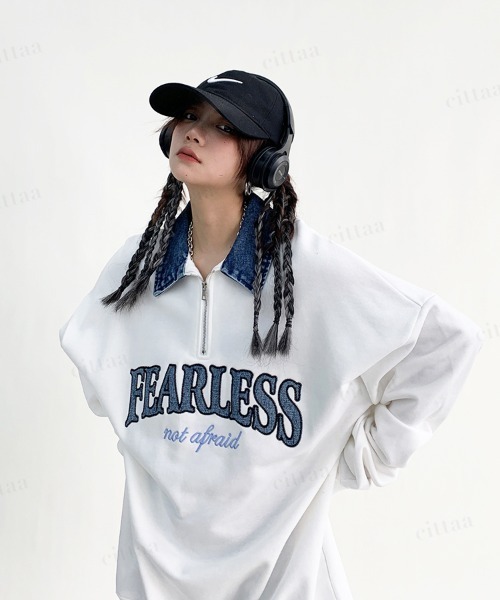 Dalfwin(ダールフィン)の「FEARLESS刺繍ロゴ襟デニムスウェット(スウェット・レディース・ホワイト/ブラック・FREE)」の7枚目の写真