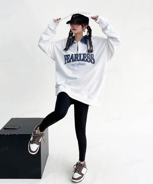 Dalfwin(ダールフィン)の「FEARLESS刺繍ロゴ襟デニムスウェット(スウェット・レディース・ホワイト/ブラック・FREE)」の9枚目の写真
