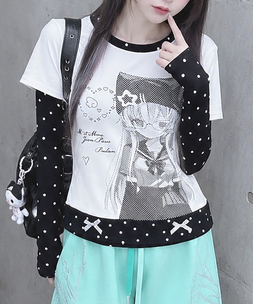 SPINNS(スピンズ)の「レイヤード風長袖カットソー/アニマルガール/ドリームコア(Tシャツ/カットソー・レディース・オフホワイト/サックスブルー・ONESIZE)」の2枚目の写真