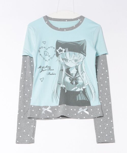 SPINNS(スピンズ)の「レイヤード風長袖カットソー/アニマルガール/ドリームコア(Tシャツ/カットソー・レディース・オフホワイト/サックスブルー・ONESIZE)」の3枚目の写真