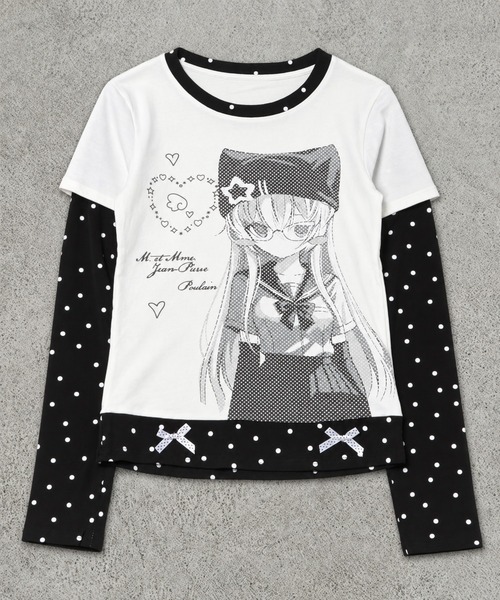 SPINNS(スピンズ)の「レイヤード風長袖カットソー/アニマルガール/ドリームコア(Tシャツ/カットソー・レディース・オフホワイト/サックスブルー・ONESIZE)」の7枚目の写真