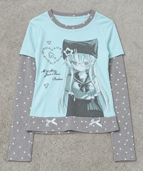 SPINNS(スピンズ)の「レイヤード風長袖カットソー/アニマルガール/ドリームコア(Tシャツ/カットソー・レディース・オフホワイト/サックスブルー・ONESIZE)」の8枚目の写真