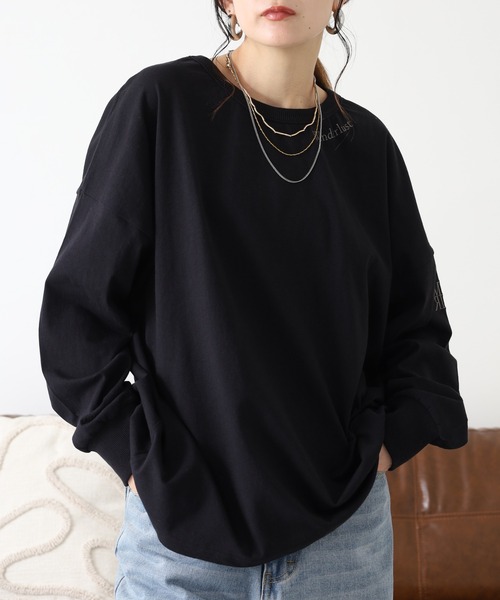 Arinomama(アリノママ)の「Arinomama 200g 20s空紡糸天竺 ポイントロゴ刺繍 ロンT(Tシャツ/カットソー・レディース・ブラック・FREE)」の1枚目の写真