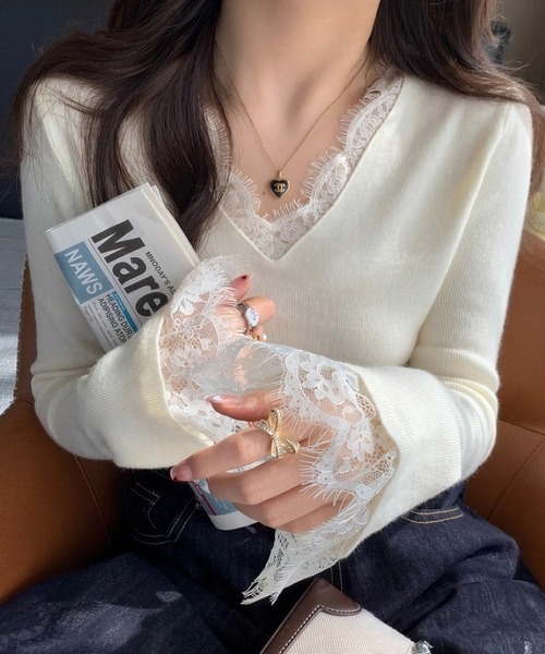yuue' ( wear )(ユーイ)の「Vネックレース付きリブニットトップス(ニット/セーター・レディース・ブラック/アイボリー・FREE)」の1枚目の写真