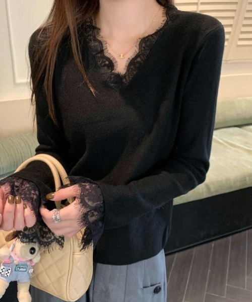 yuue' ( wear )(ユーイ)の「Vネックレース付きリブニットトップス(ニット/セーター・レディース・ブラック/アイボリー・FREE)」の17枚目の写真