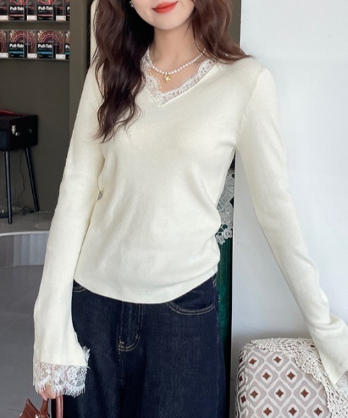 yuue' ( wear )(ユーイ)の「Vネックレース付きリブニットトップス(ニット/セーター・レディース・ブラック/アイボリー・FREE)」の9枚目の写真