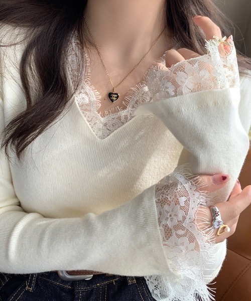 yuue' ( wear )(ユーイ)の「Vネックレース付きリブニットトップス(ニット/セーター・レディース・ブラック/アイボリー・FREE)」の7枚目の写真