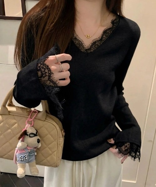 yuue' ( wear )(ユーイ)の「Vネックレース付きリブニットトップス(ニット/セーター・レディース・ブラック/アイボリー・FREE)」の18枚目の写真