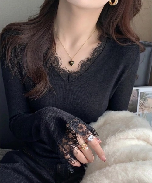 yuue' ( wear )(ユーイ)の「Vネックレース付きリブニットトップス(ニット/セーター・レディース・ブラック/アイボリー・FREE)」の20枚目の写真