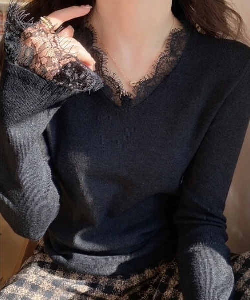 yuue' ( wear )(ユーイ)の「Vネックレース付きリブニットトップス(ニット/セーター・レディース・ブラック/アイボリー・FREE)」の19枚目の写真