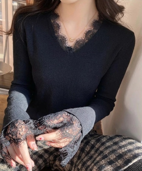 yuue' ( wear )(ユーイ)の「Vネックレース付きリブニットトップス(ニット/セーター・レディース・ブラック/アイボリー・FREE)」の15枚目の写真