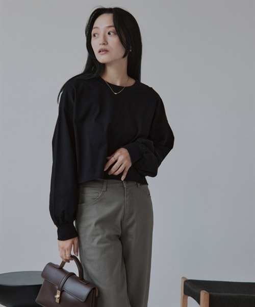 Petitjo(プッチージョ)の「小さいサイズ ショート丈ロングスリーブTシャツ 低身長さん・小柄女性(Tシャツ/カットソー・レディース・杢グレー/ブラック・XS-S/M-L)」の1枚目の写真