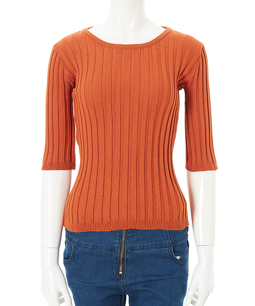 TELA オレンジ クルーネック ニット 五分袖 TELA オレンジ クルーネック ニット 五分袖