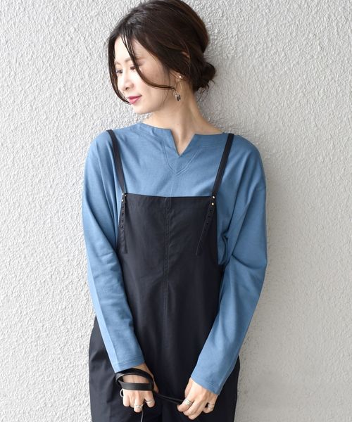 SHIPS(シップス)の「キーネックロングスリーブプルオーバー◇(Tシャツ/カットソー・レディース・ネイビー/ライトブルー/キャメル・ONE SIZE)」の1枚目の写真