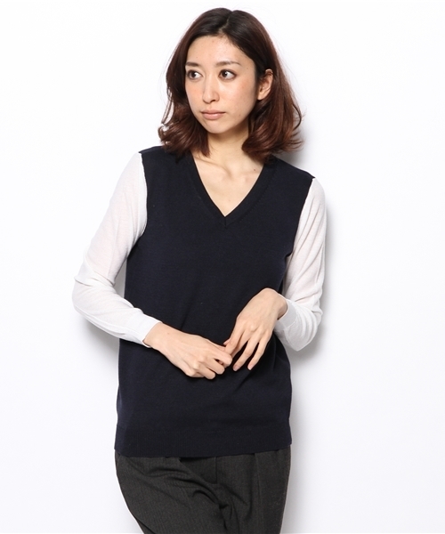 PLST（プラステ）の「ウール混Vネック配色ニット（ニット/セーター・レディース・グレー/ネイビー・2）」の2枚目の写真