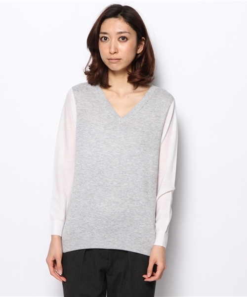 PLST（プラステ）の「ウール混Vネック配色ニット（ニット/セーター・レディース・グレー/ネイビー・2）」の5枚目の写真