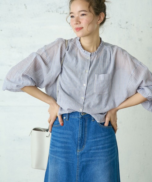 PUAL CE CIN（ピュアルセシン）の「綿ポリウレタンシャーリング襟フリルブラウス（シャツ/ブラウス・レディース・その他3/その他2/オフホワイト/その他1・FREE）」の3枚目の写真