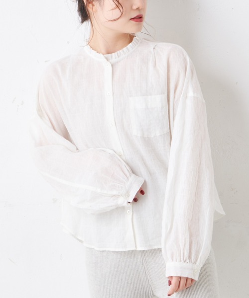 PUAL CE CIN（ピュアルセシン）の「綿ポリウレタンシャーリング襟フリルブラウス（シャツ/ブラウス・レディース・その他3/その他2/オフホワイト/その他1・FREE）」の7枚目の写真